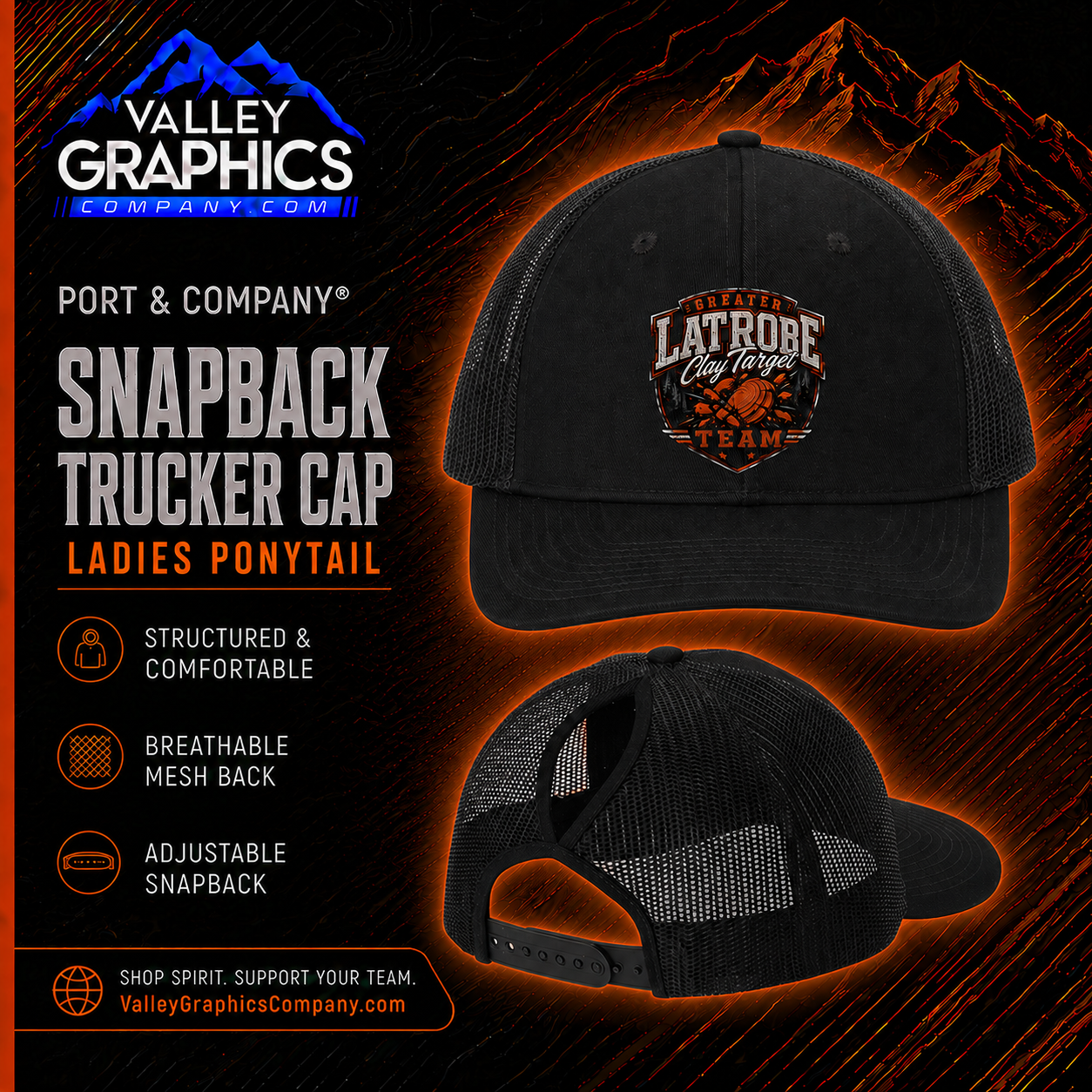 Ladies Ponytail Snapback Hat - Adjustable - Mesh Back - GL Clay Target Team 2026 Summer